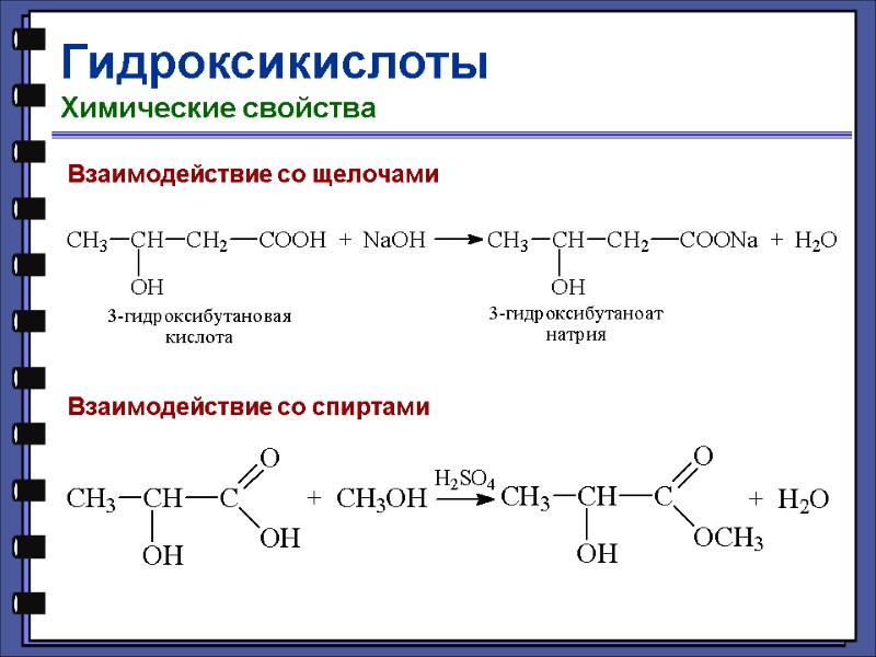 Гидроксикислоты Химические свойства Взаимодействие со щелочами  Взаимодействие со спиртами